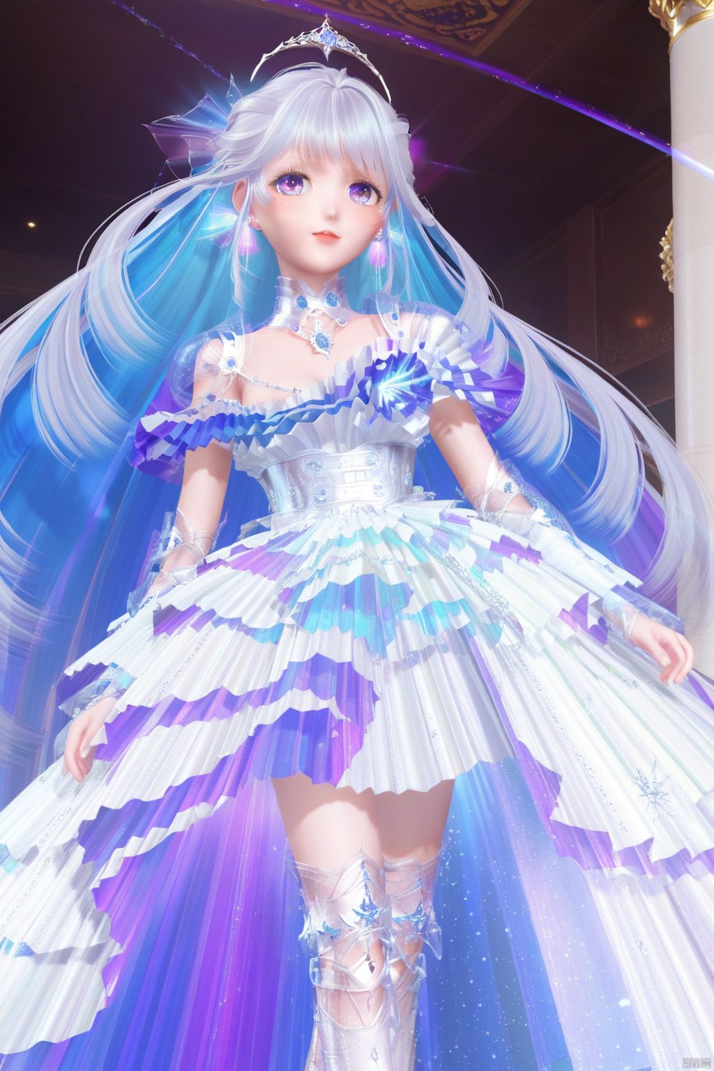 masterpiece, best quality, masterpiece,best quality,official art,extremely detailed CG unity 8k wallpaper,1girl,solo,bangs,long hair,dress,very long hair,colorful eyes,purple eyes,blue eyes,white dress,tiara,jewelry,multicolored hair,blue hair,white hair,earrings,cleavage,indoors,white footwear,