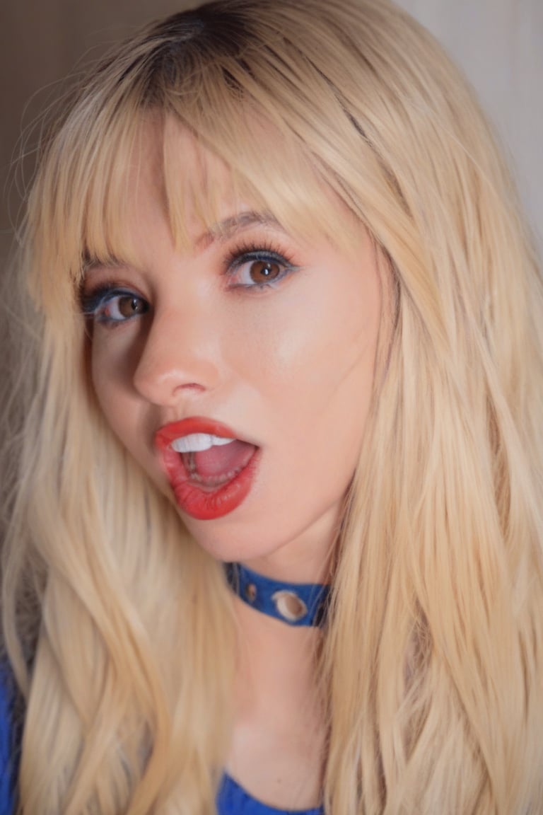 score_9,score_8_up,score_7_up,KR#,kenzie,1girl,solo,blond hair,long hair,twintails,red lips,upper body,open mouth,looking at viewer,blue shirt,bangs,