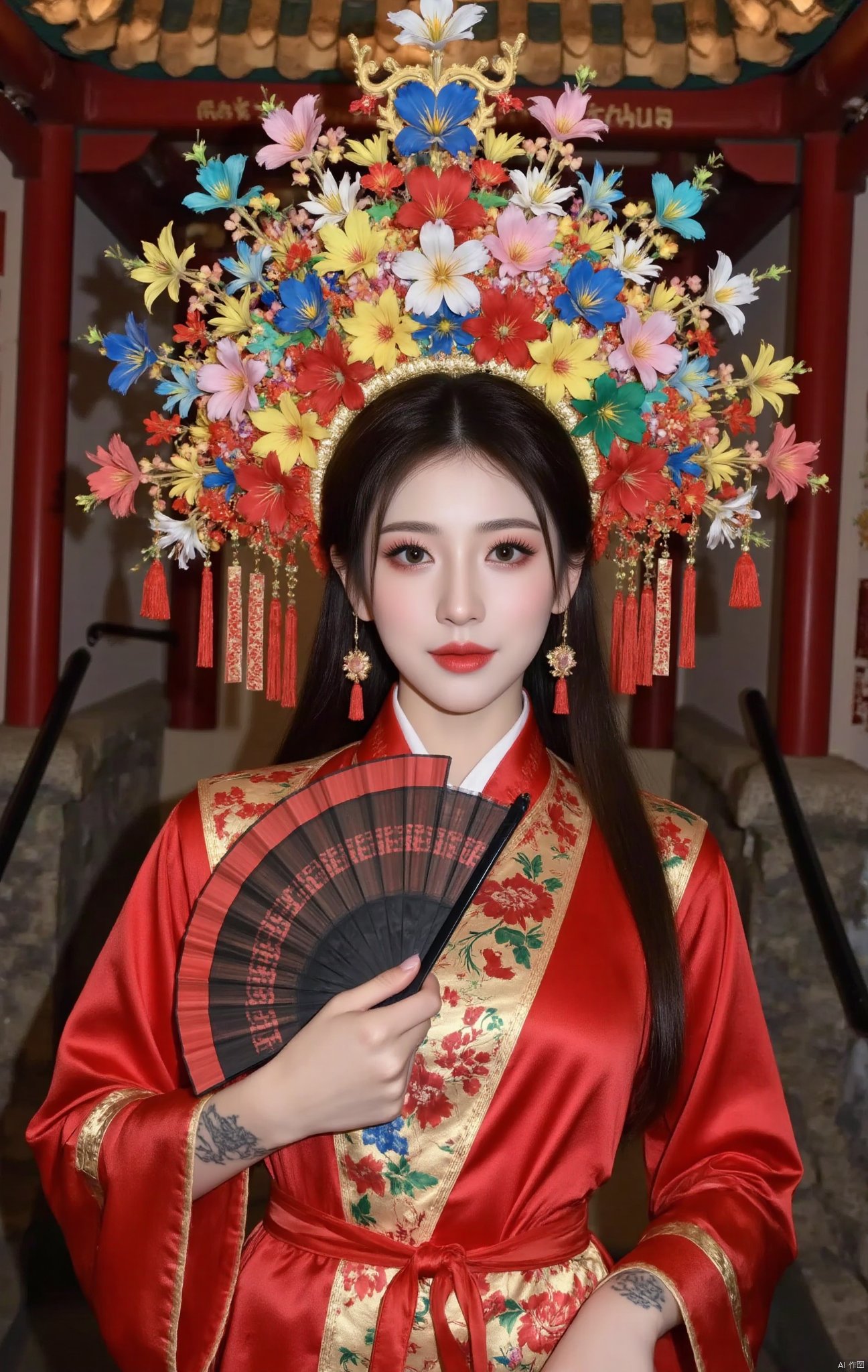 1 girl, solo, looking at the audience, brown hair, black hair, hair accessories, dress, holding, flower, hair flower, lips, tattoo, Chinese costume, red dress, hand fan, staircase, folding fan, red lips, holding fan, Peking Opera actress