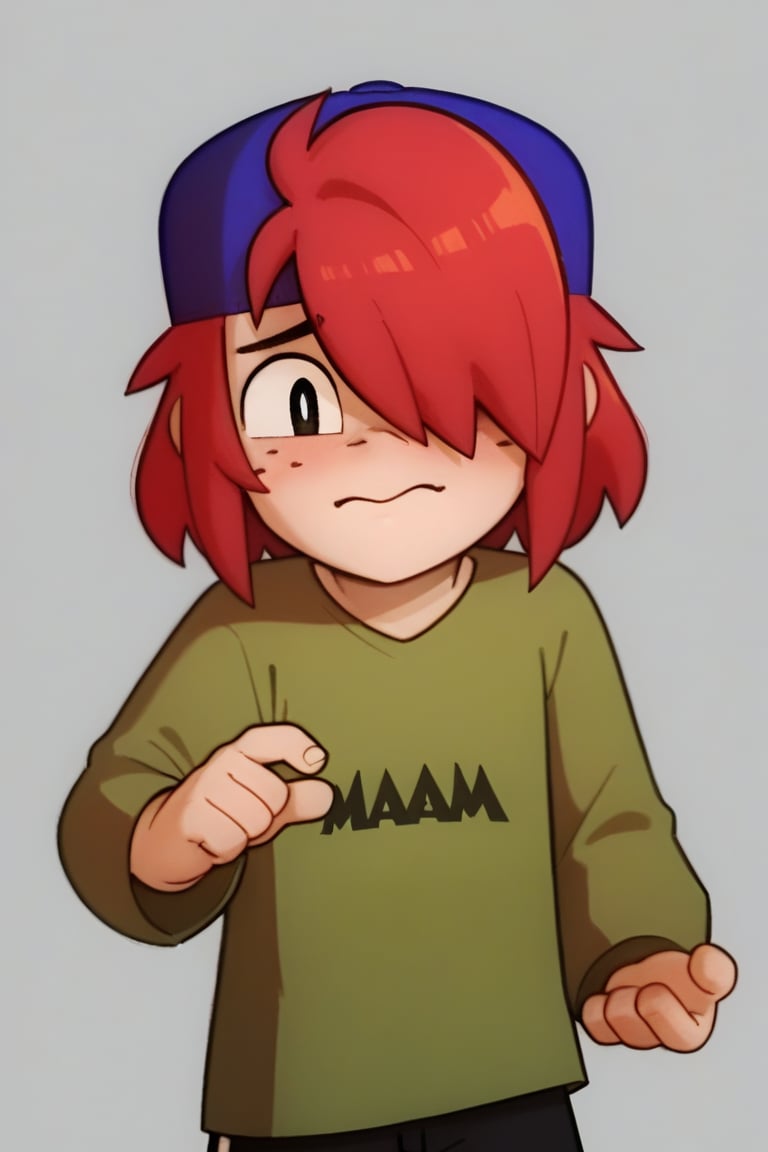 Score_9, Score_8_up, Score_7_up ,possummach , 1 boy , kiddraco, medium hair , red hair,Freckles ,1 boy , Backwards cap  ,blue headwear, green shirt ,long sleeves ,solo ,artstyle ,one eye covered , simple background ,black shorts , looking_at_viewer , nervous, blush,???