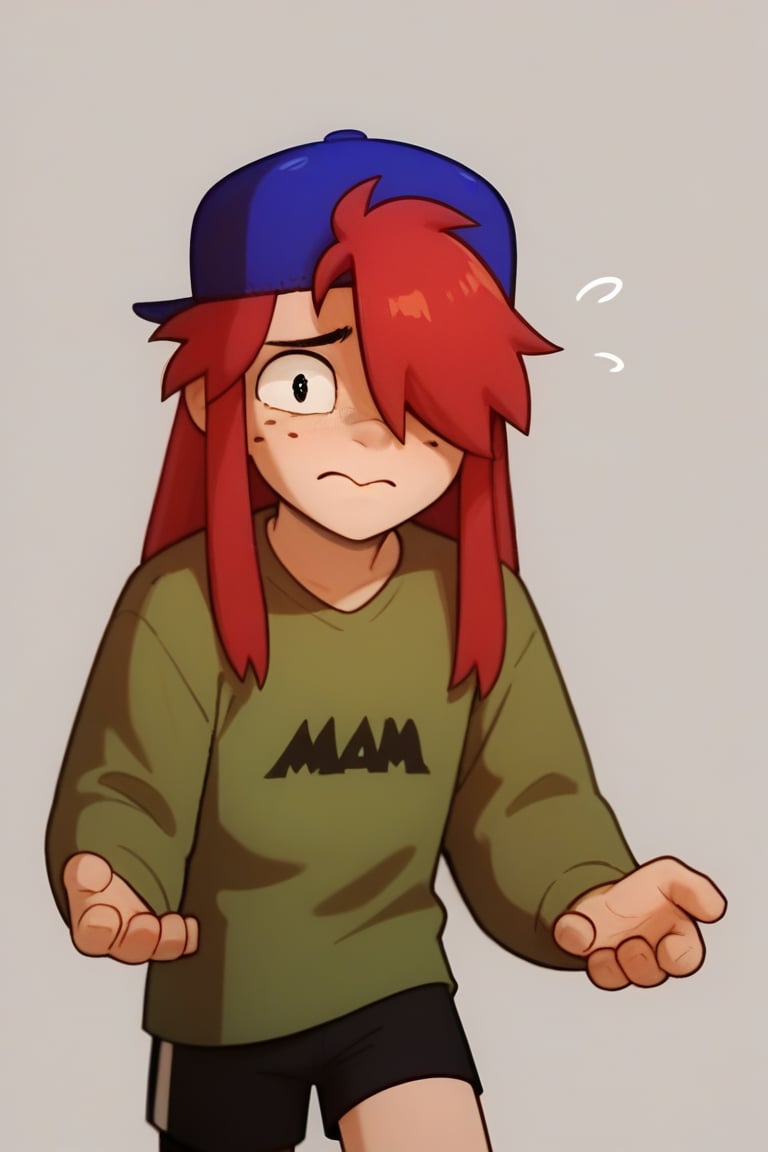 Score_9, Score_8_up, Score_7_up , 1 boy , Long hair , red hair,Freckles ,1 boy , Backwards cap , green shirt ,long sleeves , ,blue headwear ,solo ,artstyle ,one eye covered , simple background ,black shorts , looking_at_viewer , nervous