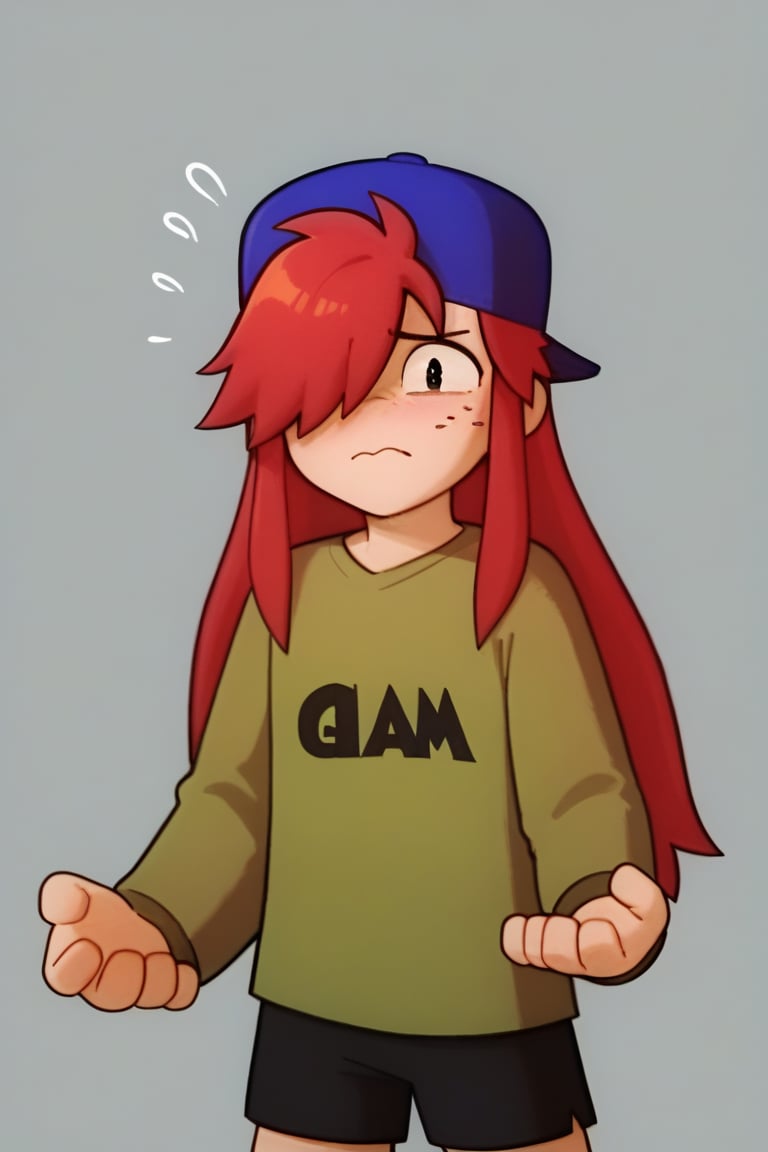 Score_9, Score_8_up, Score_7_up ,possummach , 1 boy , kiddraco, Long hair , red hair,Freckles ,1 boy , Backwards cap  ,blue headwear, green shirt ,long sleeves , , ,solo ,artstyle ,one eye covered , simple background ,black shorts , looking_at_viewer , nervous, blush,???