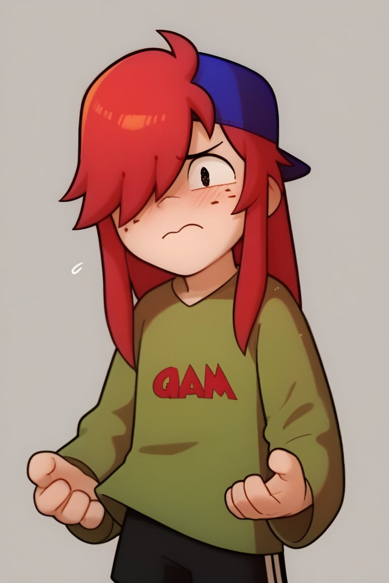 Score_9, Score_8_up, Score_7_up ,possummach , 1 boy , kiddraco, Long hair , red hair,Freckles ,1 boy , Backwards cap  ,blue headwear, green shirt ,long sleeves , , ,solo ,artstyle ,one eye covered , simple background ,black shorts , looking_at_viewer , nervous, blush,???