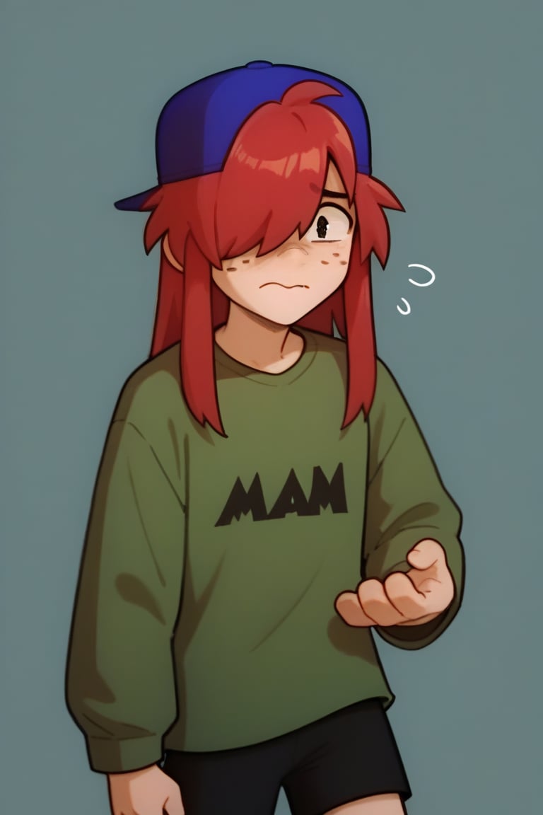 Score_9, Score_8_up, Score_7_up , 1 boy , Long hair , red hair,Freckles ,1 boy , Backwards cap , green shirt ,long sleeves , ,blue headwear ,solo ,artstyle ,one eye covered , simple background ,black shorts , looking_at_viewer , nervous