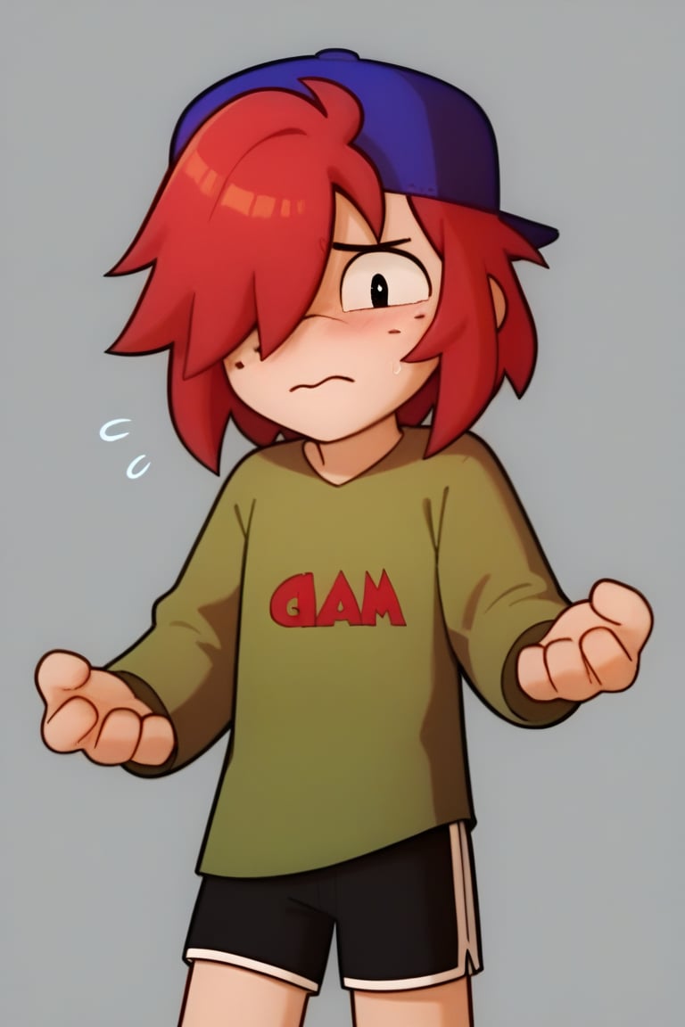 Score_9, Score_8_up, Score_7_up ,possummach , 1 boy , kiddraco, medium hair , red hair,Freckles ,1 boy , Backwards cap  ,blue headwear, green shirt ,long sleeves ,solo ,artstyle ,one eye covered , simple background ,black shorts , looking_at_viewer , nervous, blush,???