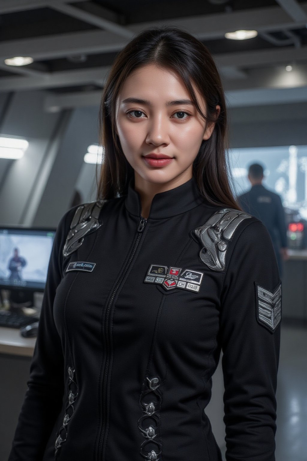 Cyberpunk female, black Imperial Commanders uniform, starship bridge, extra wide viewscreens