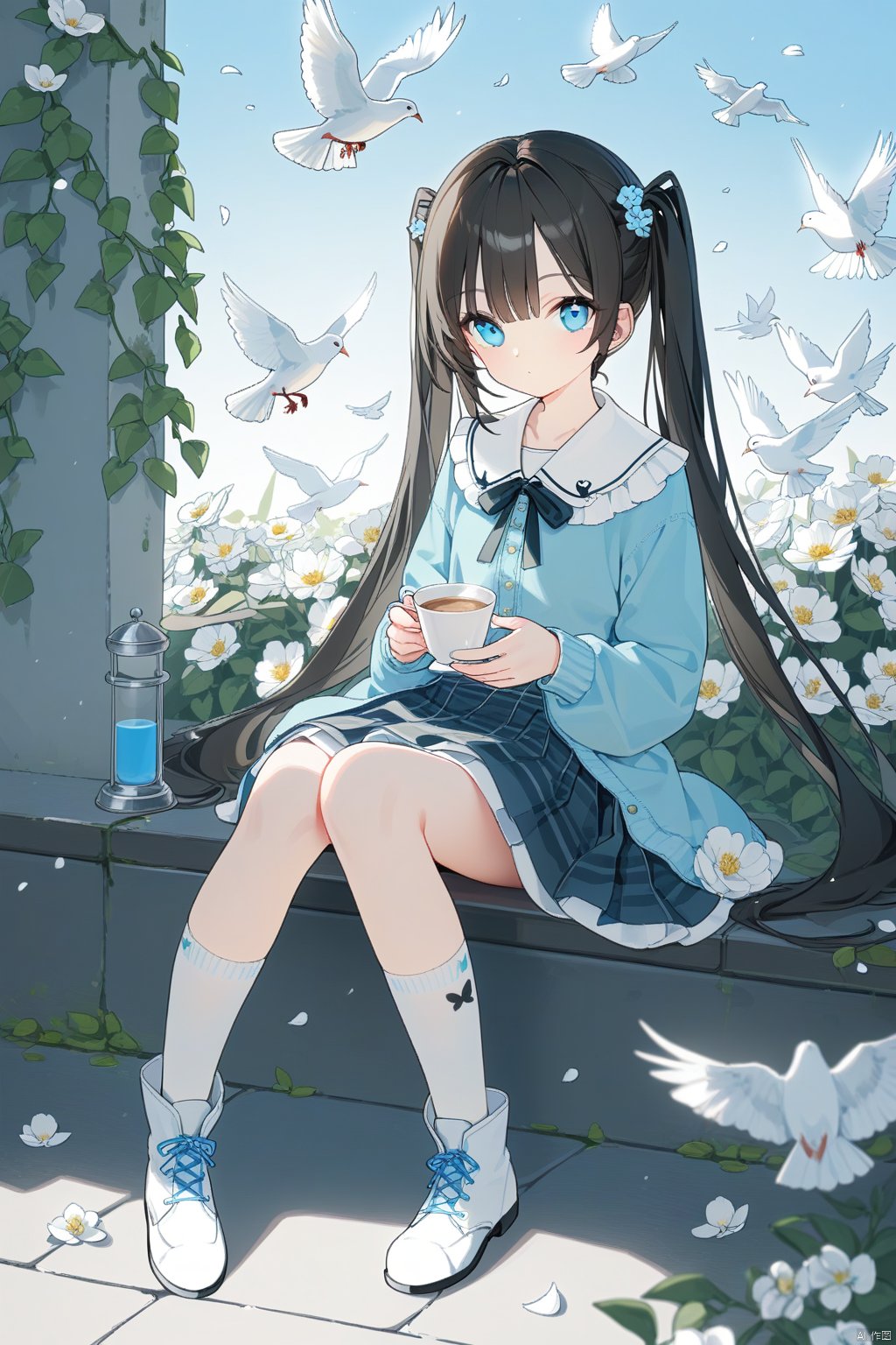 1girl, bird, blue_eyes, twintails, solo, hair_ornament, skirt, socks, long_hair, looking_at_viewer, black_hair, dove, cup, sitting, flower