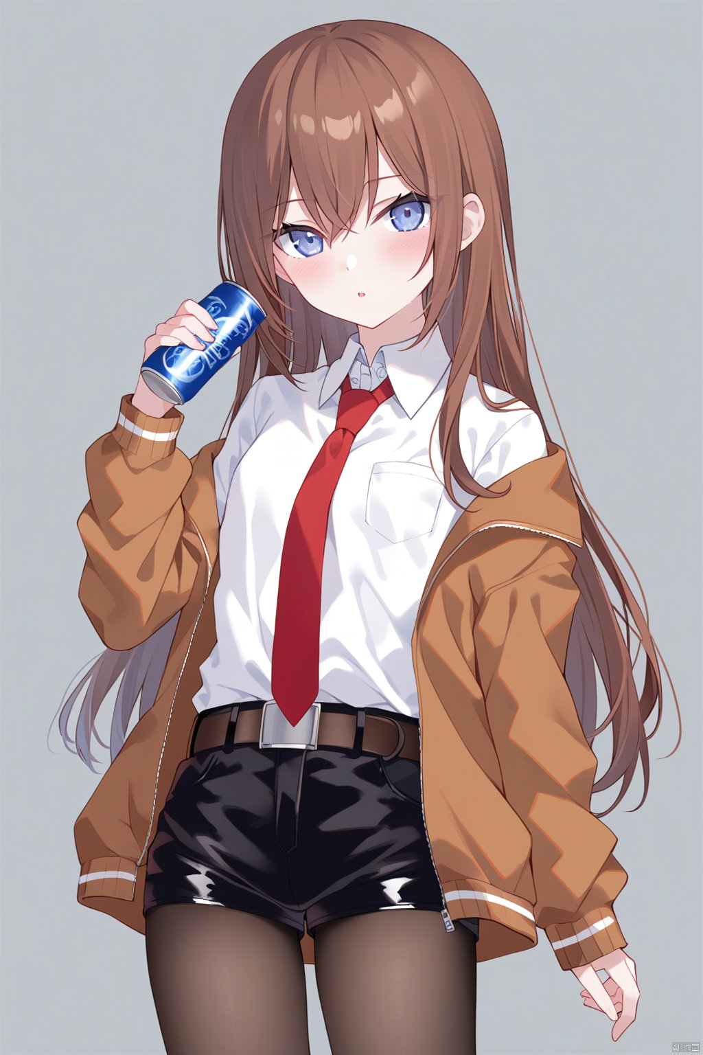 solo, makise_kurisu, 1girl, shirt, necktie, long_hair, pantyhose, shorts, white_shirt, brown_hair, holding, red_necktie, looking_at_viewer, jacket, can, belt, blush, collared_shirt, black_shorts, long_sleeves, parted_lips, holding_can, off_shoulder, white_background, black_pantyhose, blue_eyes, pantyhose_under_shorts, brown_jacket, short_shorts, hair_between_eyes, open_clothes, cowboy_shot, simple_background, open_jacket