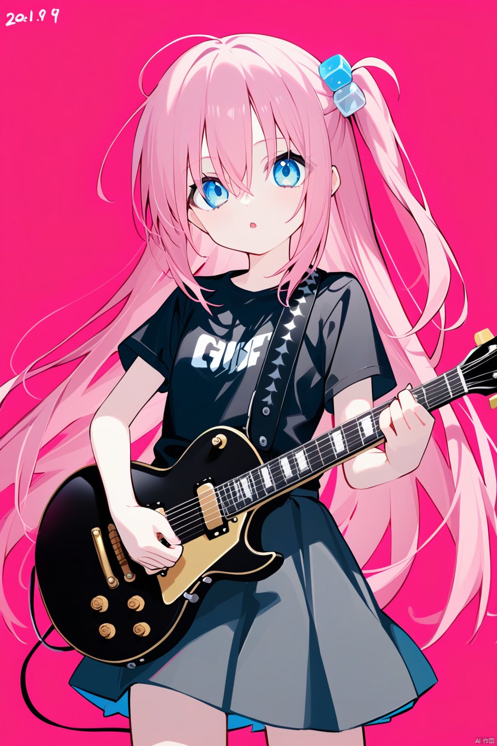 1girl, electric_guitar, guitar, solo, gotoh_hitori, instrument, long_hair, shirt, pink_hair, holding_instrument, blue_eyes, gibson_les_paul, cube_hair_ornament, pink_background, holding, simple_background, black_shirt, hair_ornament, skirt, short_sleeves, looking_at_viewer, one_side_up, hair_between_eyes, t-shirt, very_long_hair, playing_instrument, dated