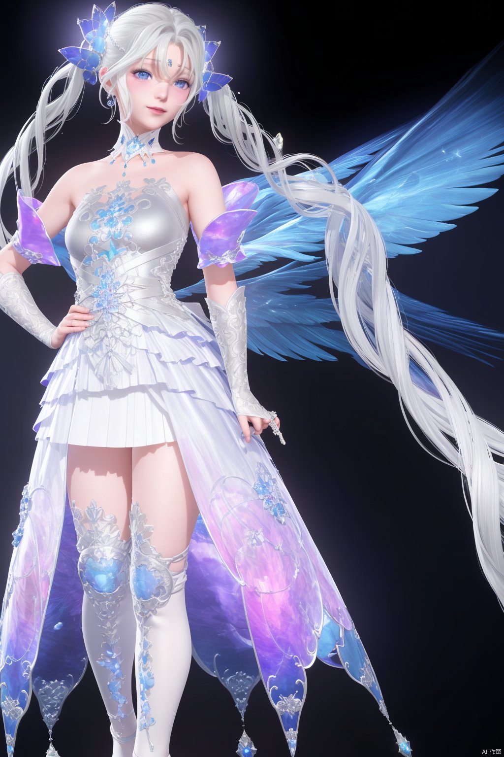  (8k, RAW photo, best quality, masterpiece:1.2), (realistic, photorealistic:1.3), ultra-detailed, extremely detailed cg 8k wallpaper, (crystalstexture skin:1.2), extremely delicate and beautiful, 1girl , bangs,  bare shoulders , black background,  blue eyes,  breasts , closed mouth  ,crystal  dress , full body , gem , glowing , long hair,  looking at viewer , magic  smile,  solo,  standing , strapless,  strapless ,dress  ,thighhighs  ,twintails  very long hair , white dress,  white hair,  white legwear  wings,