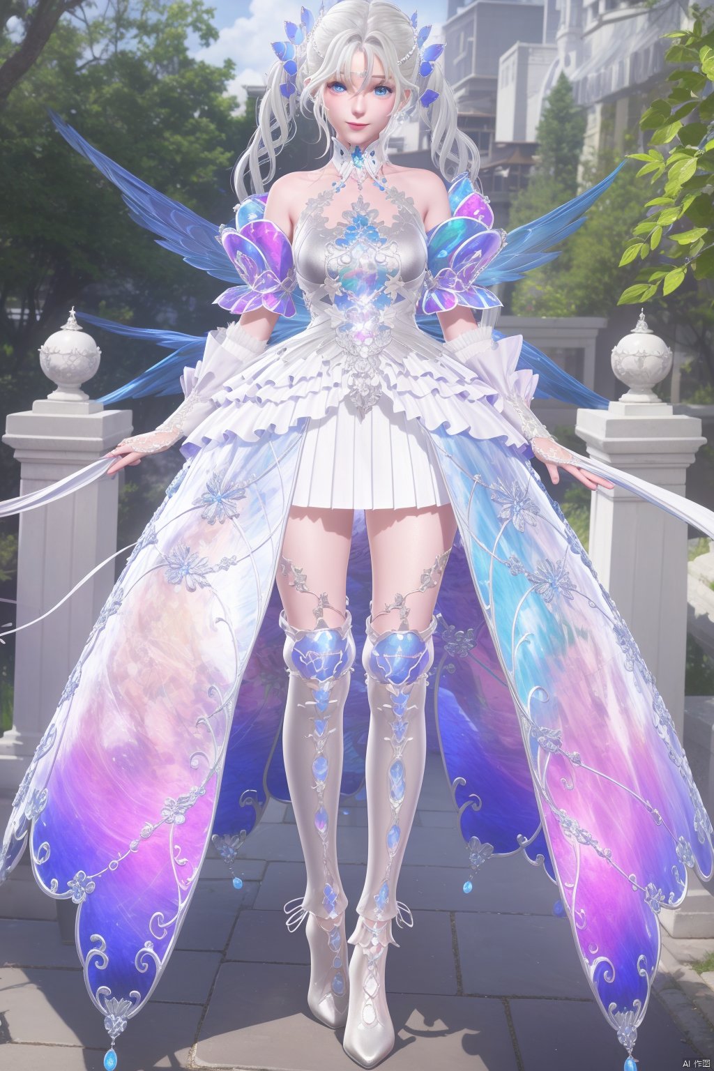  (8k, RAW photo, best quality, masterpiece:1.2), (realistic, photorealistic:1.3), ultra-detailed, extremely detailed cg 8k wallpaper, (crystalstexture skin:1.2), extremely delicate and beautiful, 1girl , bangs,  bare shoulders,  blue eyes,  breasts , closed mouth  ,crystal  dress , full body , gem , glowing , long hair,  looking at viewer , smile,  standing , outdoor strapless ,dress  ,thighhighs  ,twintails , very long hair , white dress,  white hair,  white legwear  ,wings,