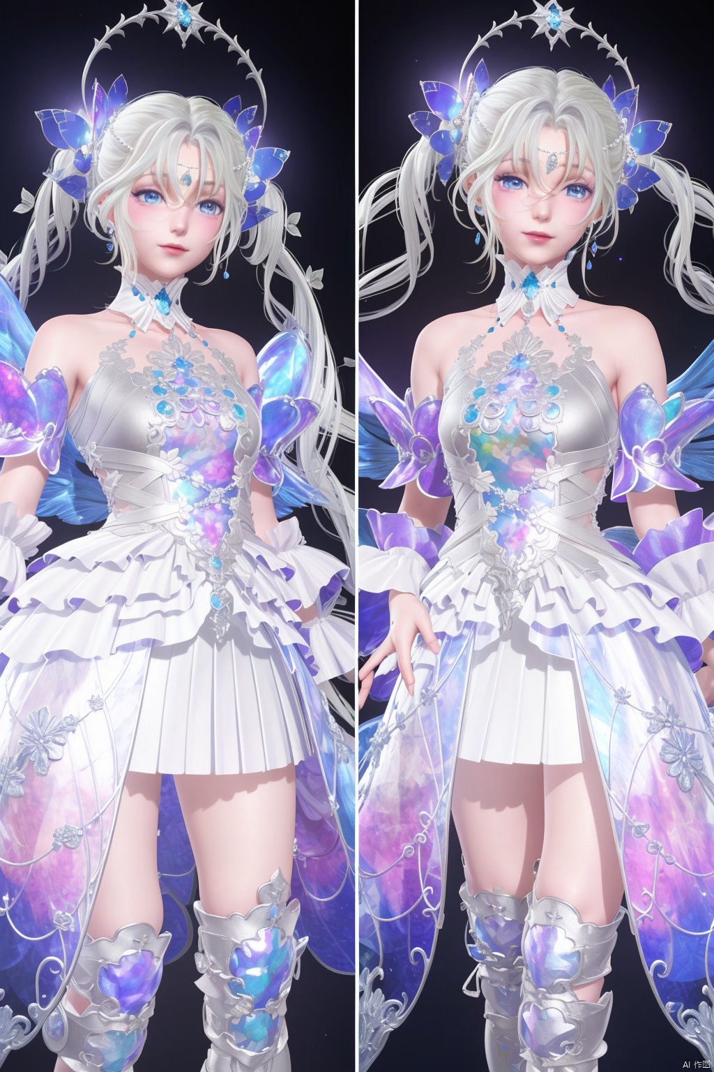  (8k, RAW photo, best quality, masterpiece:1.2), (realistic, photorealistic:1.3), ultra-detailed, extremely detailed cg 8k wallpaper, (crystalstexture skin:1.2), extremely delicate and beautiful, 1girl , bangs,  bare shoulders,  blue eyes,  breasts , closed mouth  ,crystal  dress , full body , gem , glowing , long hair,  looking at viewer , smile,  standing , outdoor strapless ,dress  ,thighhighs  ,twintails , very long hair , white dress,  white hair,  white legwear  ,wings,