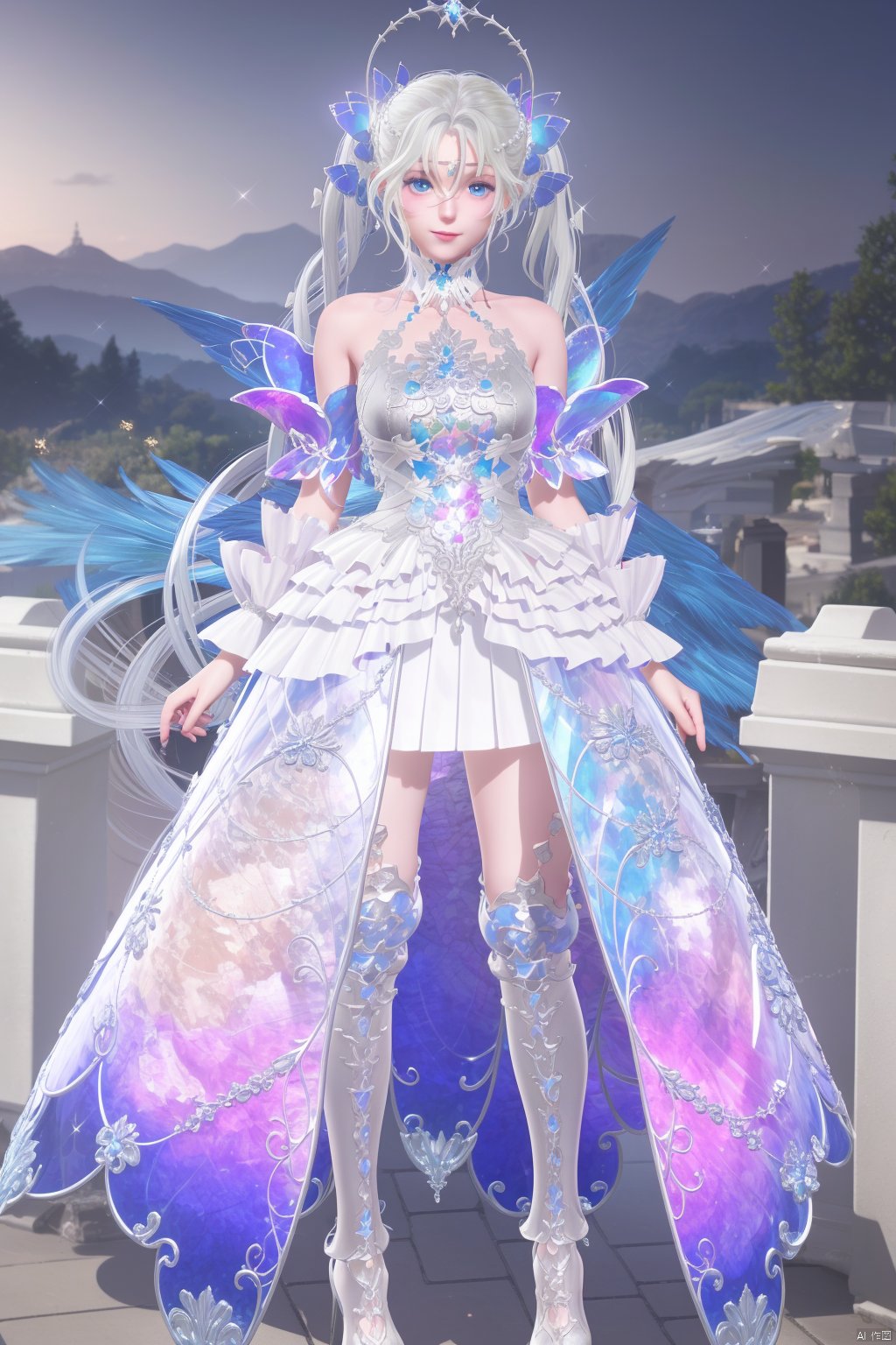  (8k, RAW photo, best quality, masterpiece:1.2), (realistic, photorealistic:1.3), ultra-detailed, extremely detailed cg 8k wallpaper, (crystalstexture skin:1.2), extremely delicate and beautiful, 1girl , bangs,  bare shoulders,  blue eyes,  breasts , closed mouth  ,crystal  dress , full body , gem , glowing , long hair,  looking at viewer , smile,  standing ,  strapless ,dress  ,thighhighs  ,twintails , very long hair , white dress,  white hair,  white legwear  ,wings,outdoor,