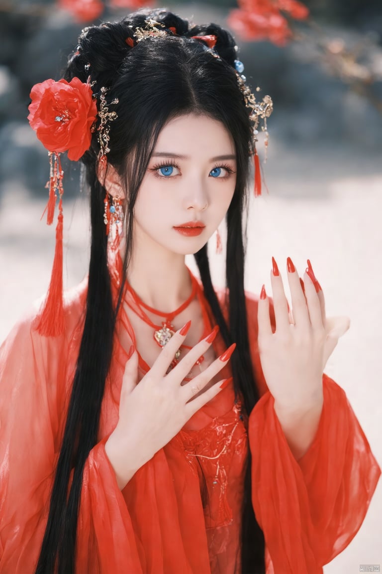 Fujifilm\(hubggirl)\, A mystical Chinese beauty stands solo, gazing directly at the viewer. Her piercing blue eyes sparkle under a cascade of black hair adorned with a hair ornament and tassel. She wears intricate jewelry, including earrings that catch the light. A stunning red flower rests on her upper body, surrounded by long sleeves with wide cuffs. Her fingernails are painted to match the red hue, and her eyelashes flutter delicately. A talisman hangs from her neck, adding to the blue theme. The model's makeup is subtle yet striking, with a focus on eyeshadow that complements her ethereal gaze.