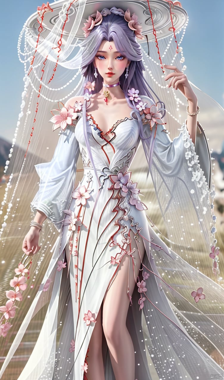 Hair temples,Flying bun hairstyle, Purple hair,
1girl, solo, long hair, looking at viewer, blue eyes, hair ornament, dress, jewelry,
flower, earrings, choker, hair flower, （white dress, veil, ）
forehead mark,
hair ornament, （long sleeves, dress, ）jewelry, flower, choker,
（white dress, ） （chinese clothes, veil, ）forehead mark,
（full body）,A large chest,Wide chest,Whole body,Having cleavage,(masterpiece, 8K, high quality,
highres, ultra-detailed,  absurdres, best quality, detailed), sidelighting, lustrous skin,Clear, clear picture quality, clear background,