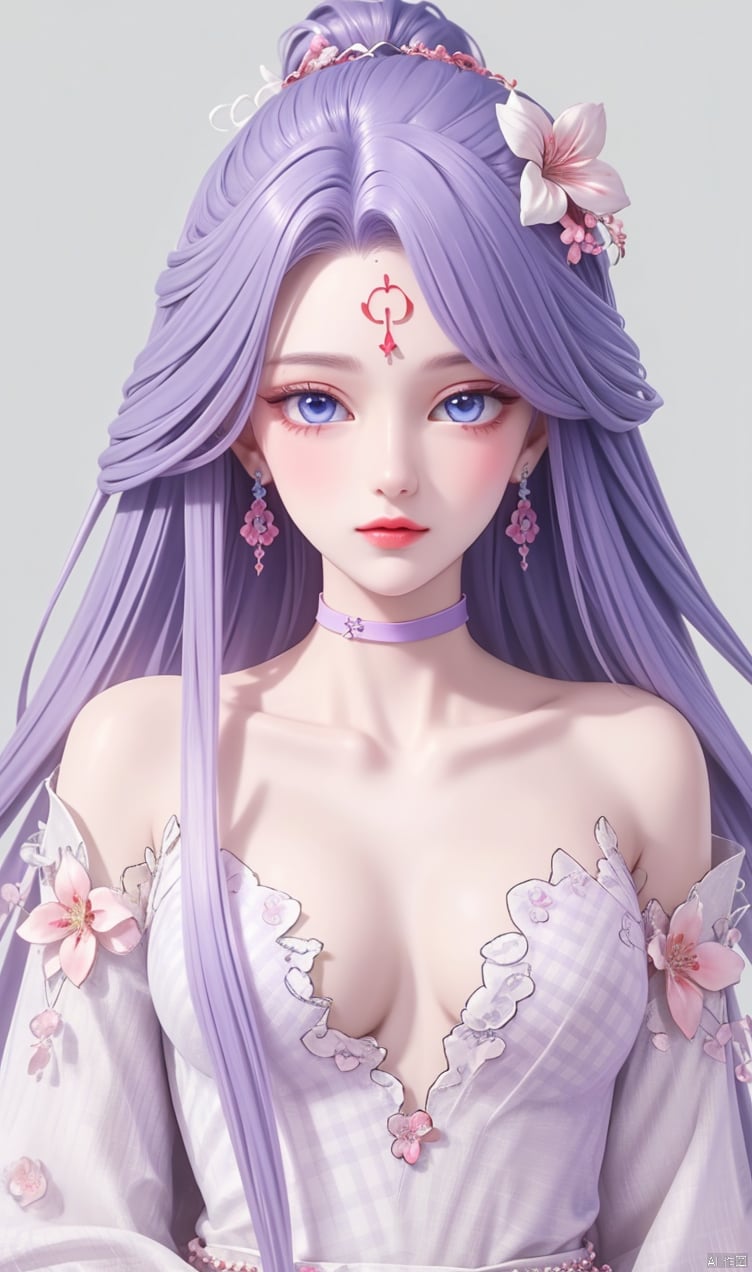  Purple hair,
blue eyes, hair ornament, dress, jewelry,
flower, earrings, choker, hair flower,
forehead mark,
A tattered checkered shirt,The checkered shirt splits open, revealing the breasts
