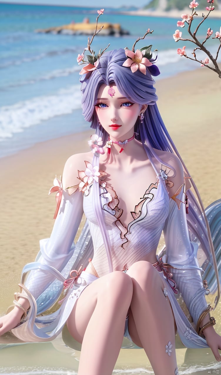  Purple hair,
blue eyes, hair ornament, dress, jewelry,
flower, earrings, choker, hair flower,
forehead mark,
hair ornament, jewelry, flower, choker,
forehead mark,
bikini,white thighhighs,beach,sea,sunlight,on ground,