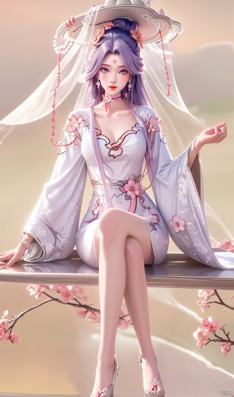 Hair temples,Flying bun hairstyle, Purple hair,Sitting with crossed legs,
1girl, solo, long hair, looking at viewer, blue eyes, hair ornament, dress, jewelry,
flower, earrings, choker, hair flower, （white dress, veil, ）
forehead mark,
hair ornament, （long sleeves, dress, ）jewelry, flower, choker,
（white dress, ） （chinese clothes, veil, ）forehead mark,
（full body）,A large chest,Wide chest,Whole body,Having cleavage,(masterpiece, 8K, high quality,
highres, ultra-detailed,  absurdres, best quality, detailed), sidelighting, lustrous skin,Clear, clear picture quality, clear background,