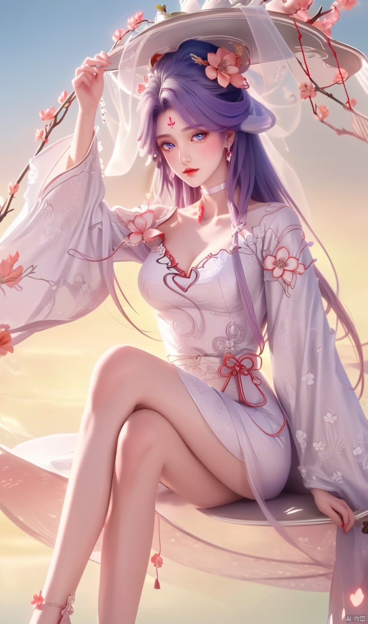 Hair temples,Flying bun hairstyle, Purple hair,Sitting with crossed legs,
1girl, solo, long hair, looking at viewer, blue eyes, hair ornament, dress, jewelry,
flower, earrings, choker, hair flower, （white dress, veil, ）
forehead mark,
hair ornament, （long sleeves, dress, ）jewelry, flower, choker,
（white dress, ） （chinese clothes, veil, ）forehead mark,
（full body）,A large chest,Wide chest,Whole body,Having cleavage,(masterpiece, 8K, high quality,
highres, ultra-detailed,  absurdres, best quality, detailed), sidelighting, lustrous skin,Clear, clear picture quality, clear background,