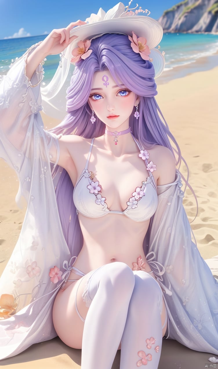  Purple hair,
blue eyes, hair ornament, dress, jewelry,
flower, earrings, choker, hair flower,
forehead mark,
hair ornament, jewelry, flower, choker,
forehead mark,
bikini,white thighhighs,beach,sea,sunlight,on ground,