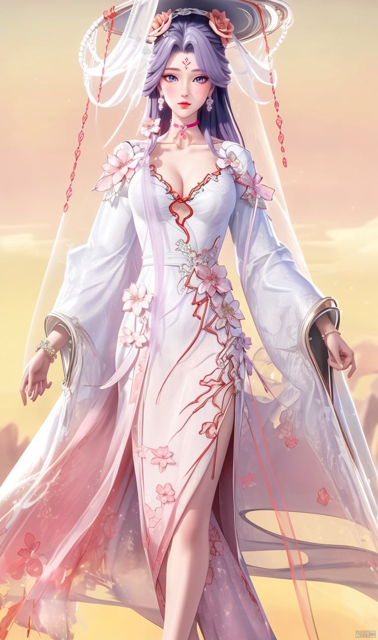 Hair temples,Flying bun hairstyle, Purple hair,
1girl, solo, long hair, looking at viewer, blue eyes, hair ornament, dress, jewelry,
flower, earrings, choker, hair flower, （white dress, veil, ）
forehead mark,
hair ornament, （long sleeves, dress, ）jewelry, flower, choker,
（white dress, ） （chinese clothes, veil, ）forehead mark,
（full body）,A large chest,Wide chest,Whole body,Having cleavage,(masterpiece, 8K, high quality,
highres, ultra-detailed,  absurdres, best quality, detailed), sidelighting, lustrous skin,Clear, clear picture quality, clear background,