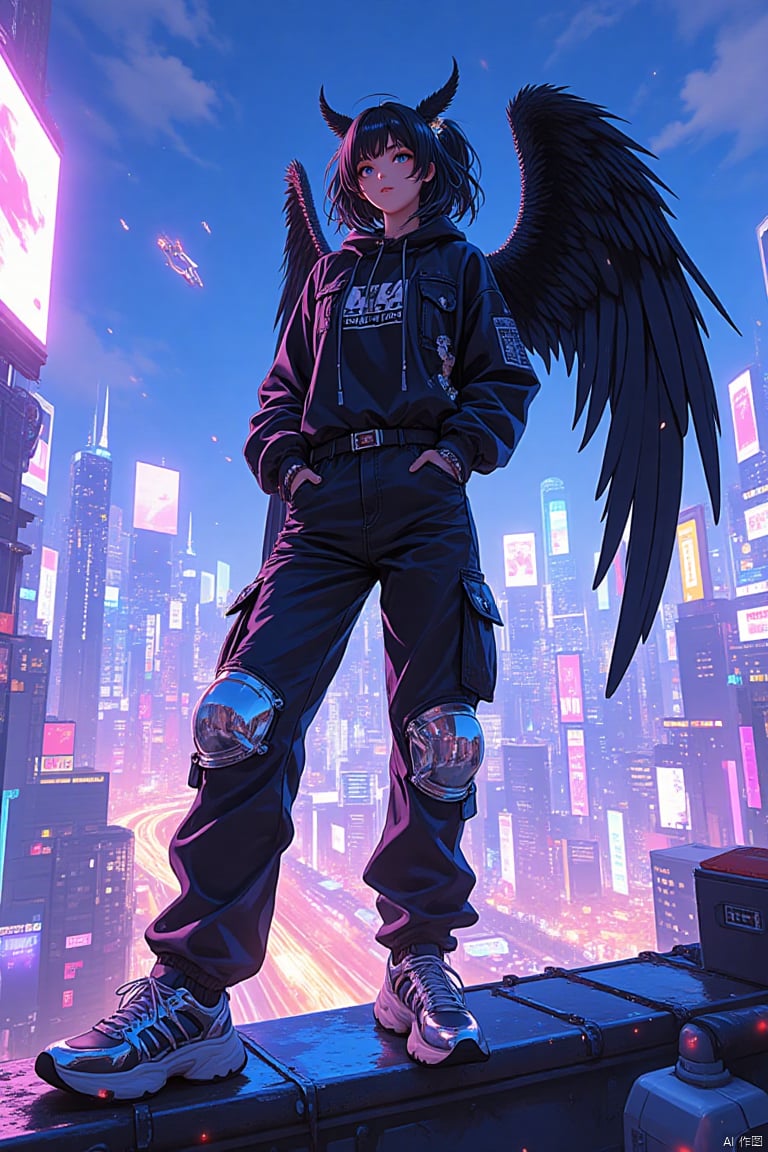 In anime, cyberpunk, ne0nfant4sy style, a hyper-detailed digital illustration features a woman exuding a futuristic edge, clad in urban clothing designed by Hedi Slimane. She wears high-waisted, loose-fitting cargo pants with glossy chrome components that shimmer in silver platinum, reflecting vibrant city lights. Her chunky platform sneakers echo this chrome aesthetic, merging functionality with style. Styled by Giorgio Armani, her look blends street fashion with high-end design. Bold graphic eyeliner and shimmering silver highlights, done by Charlotte Tilbury, enhance her striking features.
With elongated black wings, she poses confidently atop a glowing neon-lit rooftop overlooking a sprawling metropolis. Captured by renowned photographer David LaChapelle, the scene encapsulates modern urban life infused with fantasy.
The vibrant city skyline is illuminated by colorful digital billboards and flying vehicles. Shot with a Nikon Z9 from an elevated angle, it provides a panoramic view of the city while focusing on the model's powerful stance.
Editing enhances the artwork, adjusting brightness for an ethereal glow, increasing contrast for light and shadow, and boosting saturation for vibrant neon colors. Highlights reflect off her chrome clothing and wings, creating a captivating illustration that embodies the cyberpunk aesthetic.