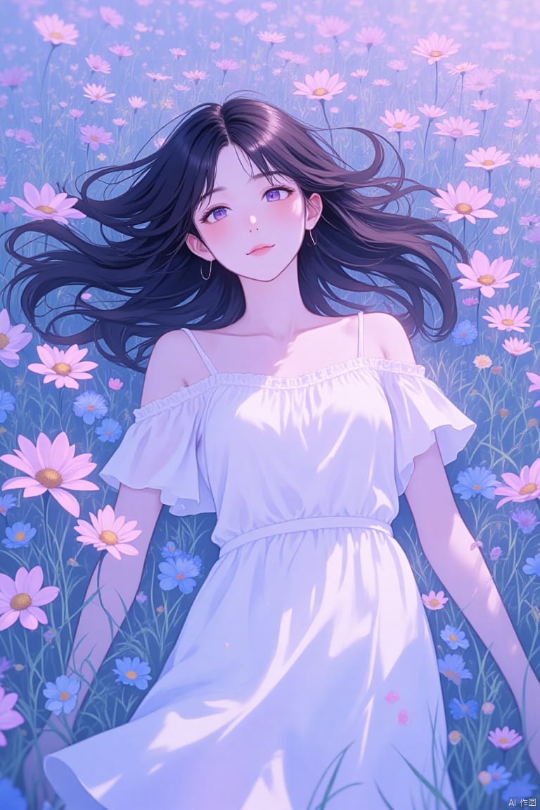 A young woman lies in a field of wildflowers, creating a dreamy, surreal atmosphere. The overall color is a mixture of soft light blue and purple, creating a tranquil, ethereal atmosphere. The illustration style