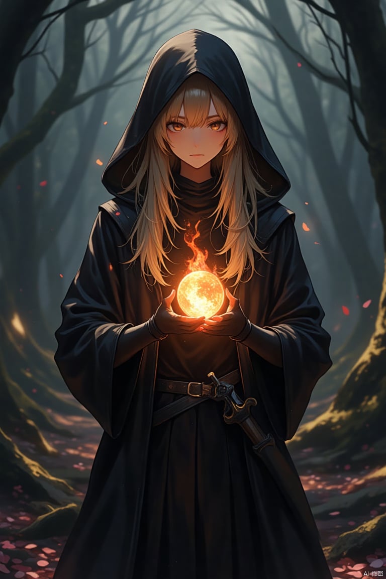 CyberpunkHorrorAnime, a powerful young woman standing in the center of the frame, directly facing the viewer, she is positioned in the middle of the image, with her upper body close to the camera, her long, blonde hair cascades down her back, framing her serious face, her eyes are locked onto the viewer with a determined expression, she wears a dark hooded cloak, black gloves, and a belt, with a sword in her right hand, she holds a glowing orb of fire, which emits a warm, orange glow, in the background, a dark forest with faint light and scattered petals adds a sense of mystery and intrigue to the scene