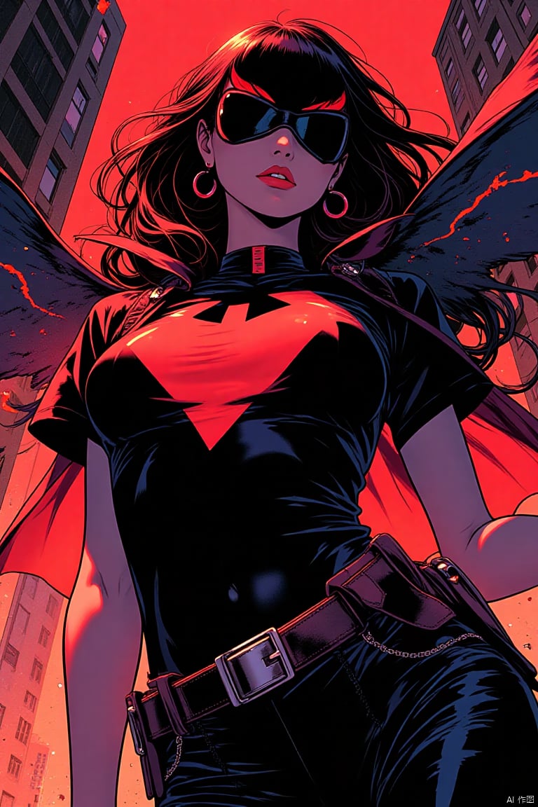 Bold high contrast illustration of a superhero vigilante woman with a unique and interesting set of powers tied to her costume, posing, Comic book style, dramatic, scene