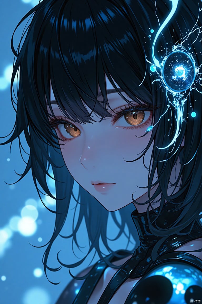 CyberpunkHorrorAnime, a close-up portrait of a woman with a futuristic, ethereal appearance, featuring intricate, glowing hair and glowing elements