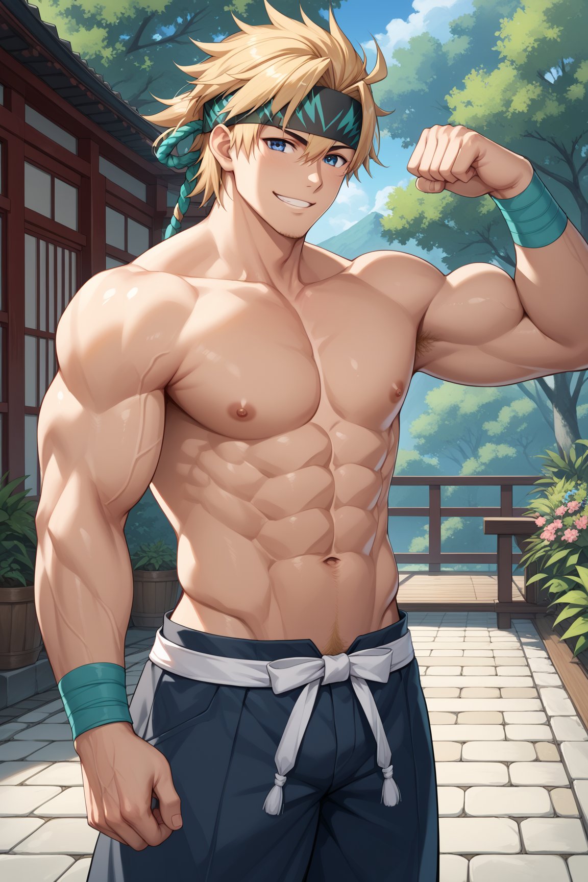 score_9,score_8_up,score_7_up,score_6_up,score_5_up,score_4_up,source_anime,Fate Grand Order,Kintoki,Berserker,blonde,blue eyes,tall,muscular,abs,male,masculine,alternate costume,bara...smug, smile, flexing biceps, headband, tall, cute, sexy, japanese style garden, 