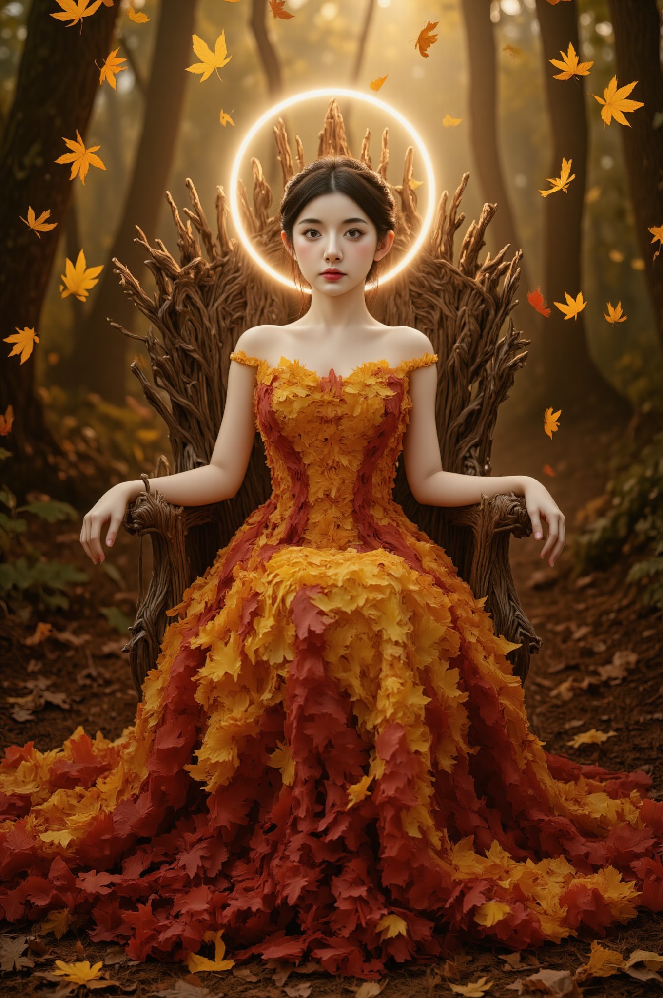 The Forest Throne | 8K majestic portrait of the Autumn Goddess seated on a throne made of twisted branches, wearing an elaborate dress crafted from golden maple leaves. Soft backlight creates a glowing halo effect, magical forest backdrop with floating leaves. The dress features intricate leaf patterns transitioning from deep crimson to bright gold. Photorealistic, fantasy fashion photography, ethereal lighting,BeNhi,Enhanced all,fluxauth