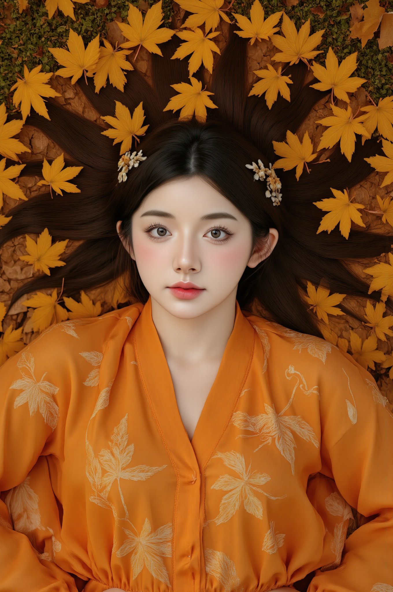 Autumn's Embrace | 8K close-up portrait from above, the Goddess's face surrounded by a spiral of floating maple leaves, her expression serene. Hair spreads out like autumn streams. Overhead beauty lighting, circular composition,BeNhi,Enhanced all