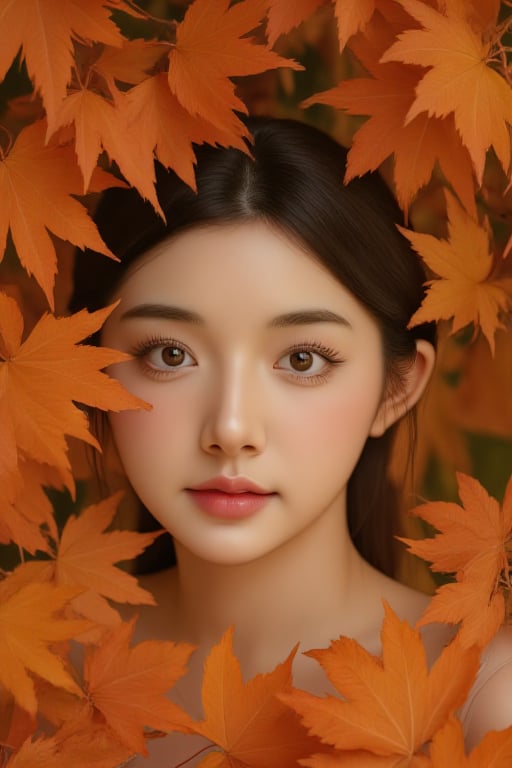 Autumn Foliage Frame | 8K portrait through a Maple leaves frame of autumn leaves, focusing on the face with soft background bokeh. The leaves cast dappled shadows creating intricate patterns. Editorial beauty portrai, fluxauth,makeup_cosplay,BeNhi