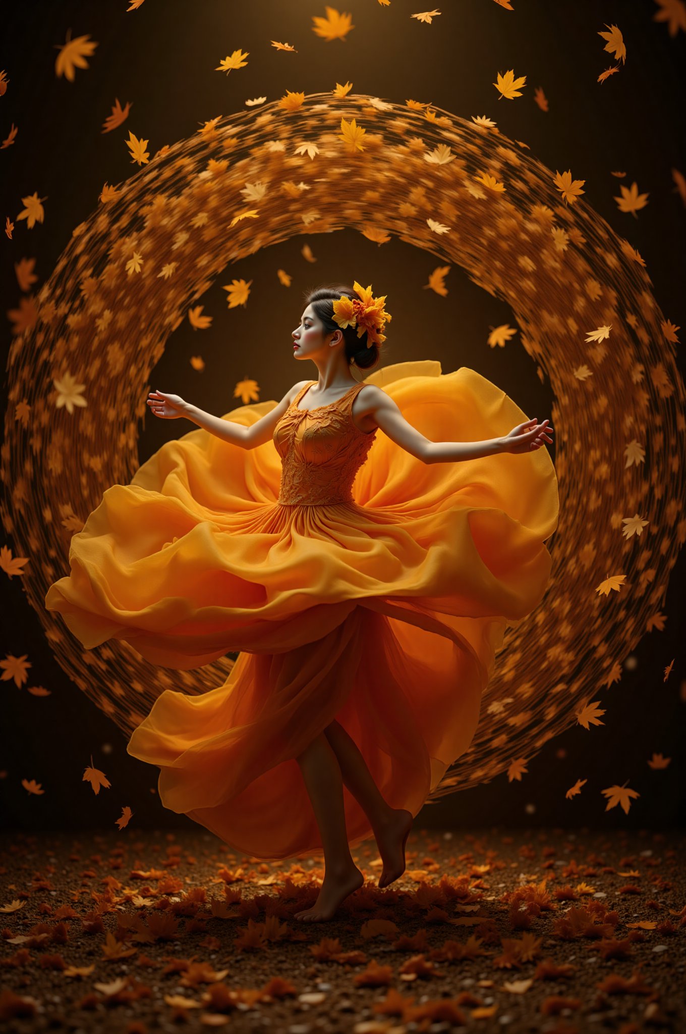 The Sacred Dance | 8K full-body action shot of the Autumn Goddess in a spinning motion, her leaf dress billowing outward like a blooming flower. Multiple exposure captures the circular movement, surrounded by a spiral of floating autumn leaves. Dynamic lighting, motion blur, artistic fashion editorial,BeNhi,Enhanced all,hunart,fluxauth