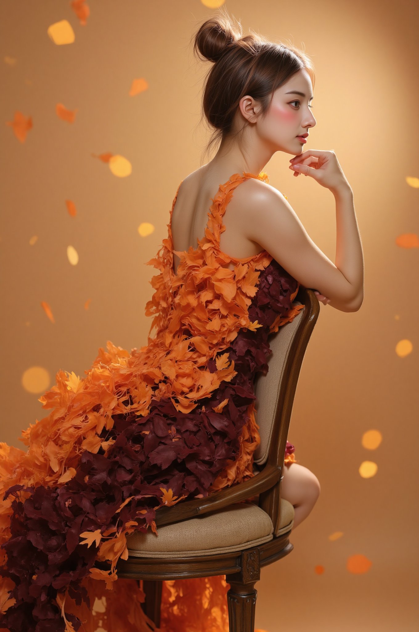 An ultra-detailed 8K side profile shot of a female model wearing a dress crafted from autumn foliage, sitting elegantly on a vintage chair. The dress transitions from deep burgundy to bright orange, mimicking fall colors. Soft bokeh background, studio lighting, fashion photography style, artistic composition,BeNhi,Enhanced all,hotgirl_vyvanle,fluxauth