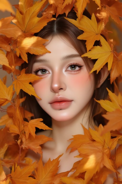 Autumn Foliage Frame | 8K portrait through a Maple leaves frame of autumn leaves, focusing on the face with soft background bokeh. The leaves cast dappled shadows creating intricate patterns. Editorial beauty portrai, fluxauth,makeup_cosplay