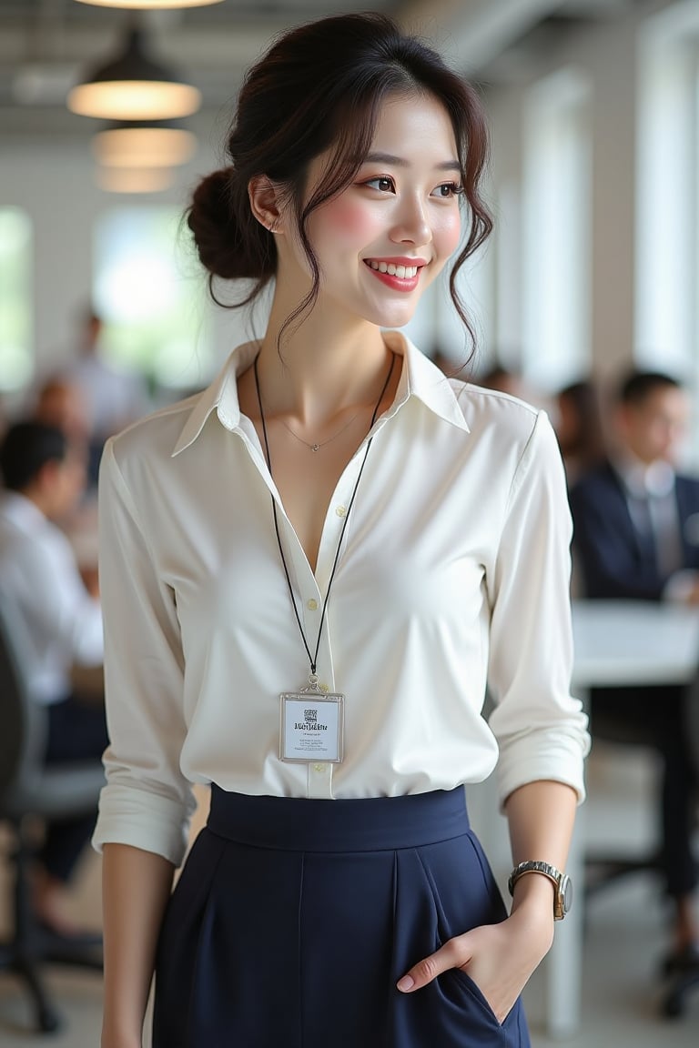 In a bustling office environment, a stunning woman stands confidently, showcasing her beauty and poise. She wears a crisp, white collared blouse that accentuates her slender figure, the fabric slightly shimmering under the bright fluorescent lights. Her fitted navy pencil skirt hugs her curves elegantly, bringing a touch of sophistication to her professional look. 

Her hair is styled in a chic updo, with soft tendrils framing her face, giving her an air of graceful professionalism. A glinting employee ID badge hangs around her neck, perfectly positioned against her blouse, highlighting her connection to the corporate world. 

She beams with a warm smile, her eyes sparkling with kindness and approachability, as she engages with colleagues nearby, exuding a sense of confidence and enthusiasm that fills the workspace with positive energy. The soft hum of office chatter and the scent of freshly brewed coffee permeate the air, creating a lively backdrop to her charismatic presence.