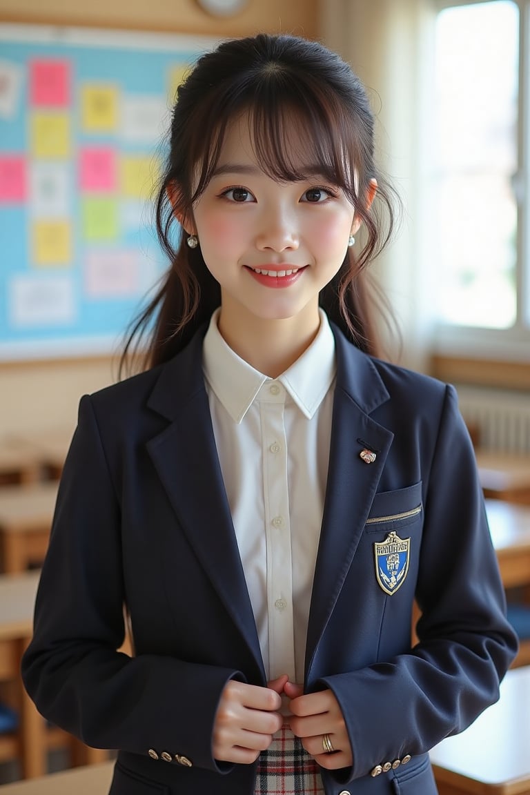 In a sunlit classroom filled with colorful student artwork lining the walls, a cute young woman in a neatly pressed school uniform stands with her upper body slightly angled. Her cheerful demeanor is accentuated by a bright, infectious smile that lights up her face, showcasing her sparkling eyes filled with warmth and kindness. Her long, silky hair is pulled back into a playful ponytail that bounces gently as she moves. The uniform's crisp white shirt contrasts beautifully with a navy blue blazer adorned with a school emblem, while a stylish plaid skirt adds a youthful flair. The atmosphere is lively, filled with laughter and chatter, as the scent of fresh paper and pencils lingers in the air, embodying the vibrant spirit of school life.