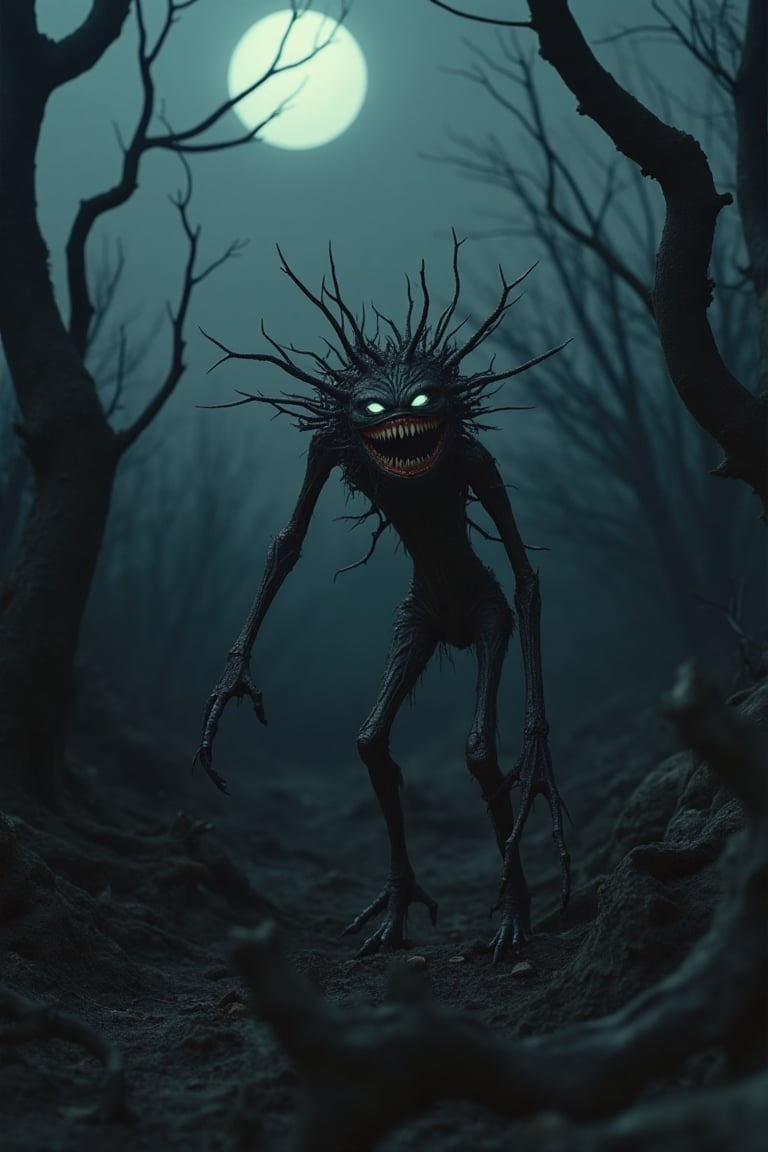 A surreal landscape with a twisted, thorny creature standing in the foreground. The creature has a wide, unsettling smile and eerie glowing eyes. The background is dark and foggy, with twisted trees and a full moon casting an eerie glow. The creature is framed in a mid-shot, its elongated limbs and sharp thorns creating a sense of unease. The lighting is dim and shadowy, emphasizing the creature's unnatural features.