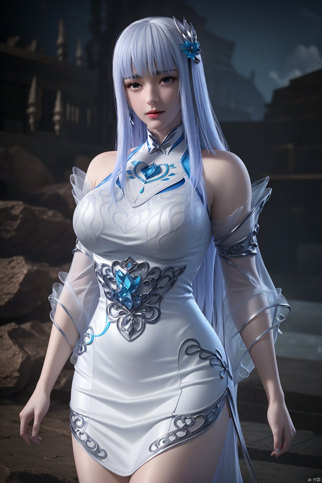  (8k, RAW photo, best quality, masterpiece:1.2), (realistic, photorealistic:1.3), ultra-detailed, extremely detailed cg 8k wallpaper, (crystalstexture skin:1.2), extremely delicate and beautiful, 1girl,hair ornament,white hair,jewelry,earrings,long hair,big breasts,chinese clothes,dress,looking at viewer,cowboy shot,