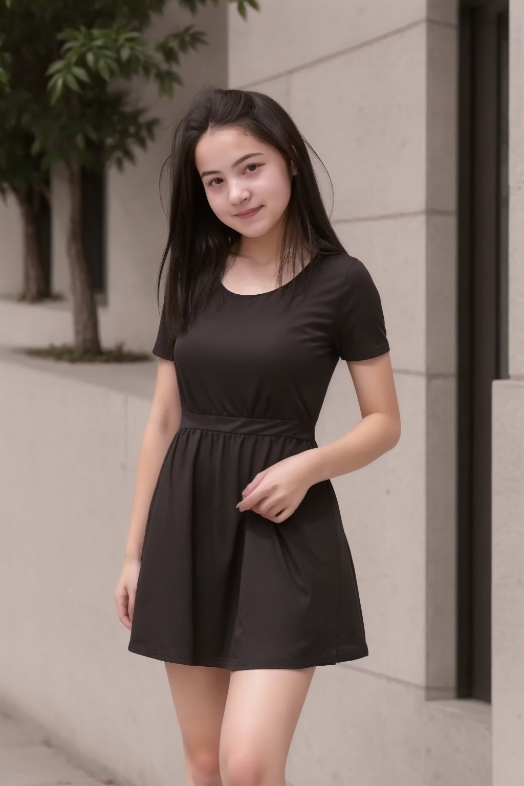 young girl 15year old, cute dress, on the city,