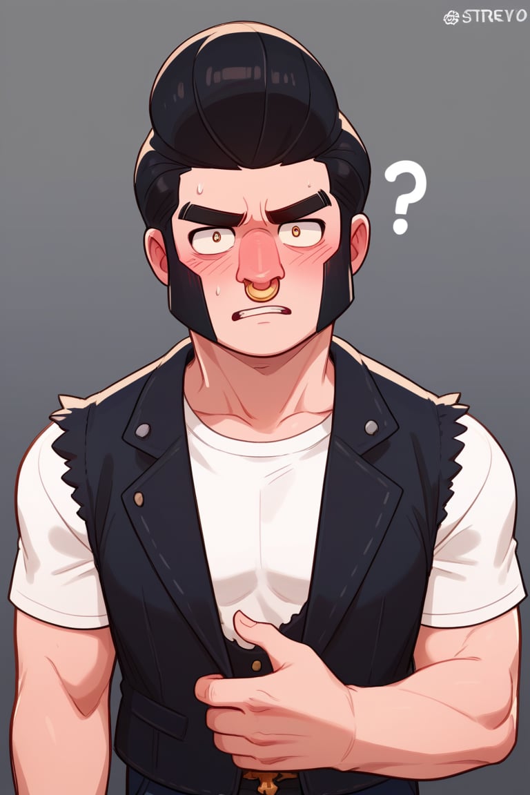 Score_9, Score_8_up, Score_7_up , 1 boy , bsbl , 1BOY, white shirt, black vest,open clotes ,  nose ring, pompadour ,  black hair , standing, artstyle , confused , blush , ??? , looking_at_viewer