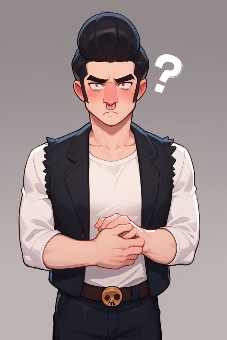 Score_9, Score_8_up, Score_7_up , 1 boy , bsbl , 1BOY, white shirt, black vest,open clotes ,  nose ring, pompadour ,  black hair , standing, artstyle , confused , blush , ??? , looking_at_viewer