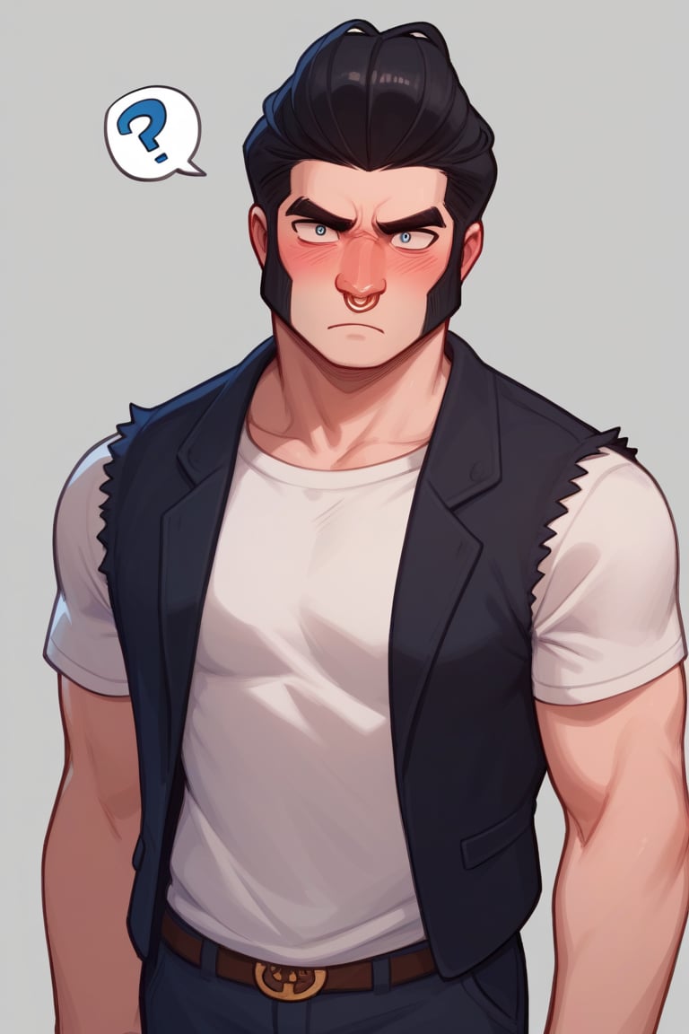 Score_9, Score_8_up, Score_7_up , 1 boy , bsbl , 1BOY, white shirt, black vest,open clotes ,  nose ring, pompadour ,  black hair , standing, artstyle , confused , blush , ??? , looking_at_viewer