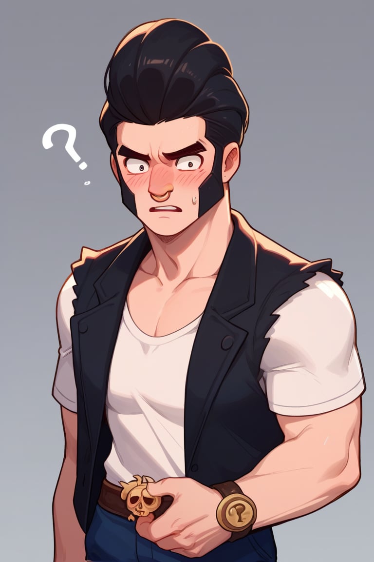 Score_9, Score_8_up, Score_7_up , 1 boy , bsbl , 1BOY, white shirt, black vest,open clotes ,  nose ring, pompadour ,  black hair , standing, artstyle , confused , blush , ???