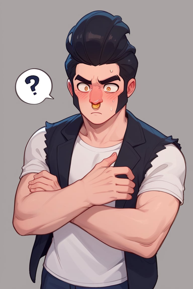 Score_9, Score_8_up, Score_7_up , 1 boy , bsbl , 1BOY, white shirt, black vest,open clotes ,  nose ring, pompadour ,  black hair , standing, artstyle , confused , blush , ???