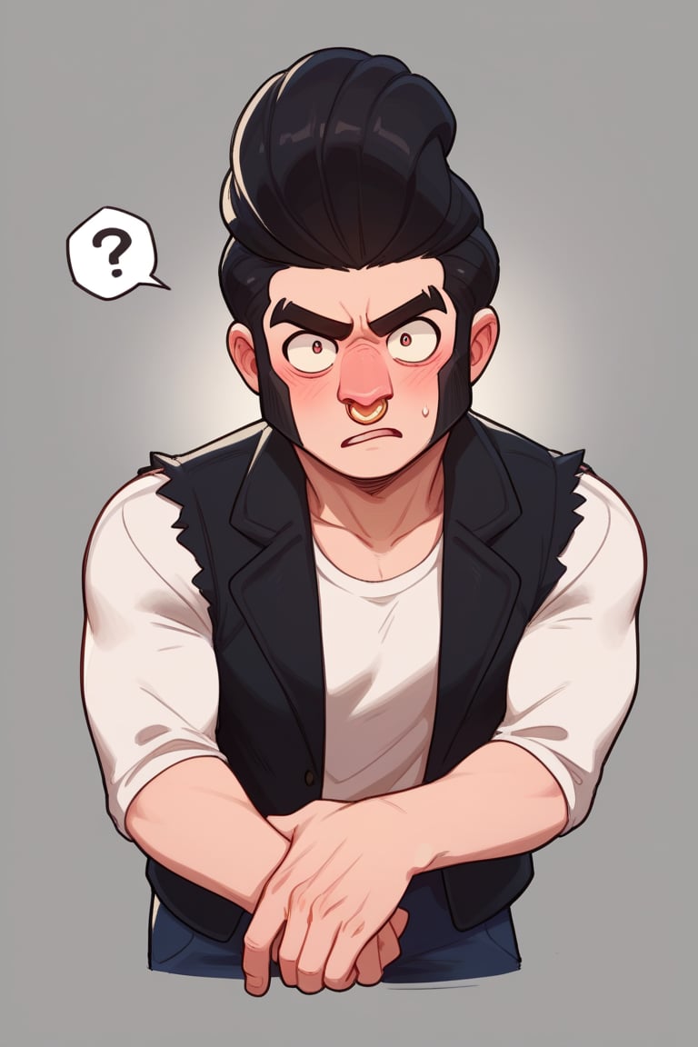 Score_9, Score_8_up, Score_7_up , 1 boy , bsbl , 1BOY, white shirt, black vest,open clotes ,  nose ring, pompadour ,  black hair , standing, artstyle , confused , blush , ??? , looking_at_viewer