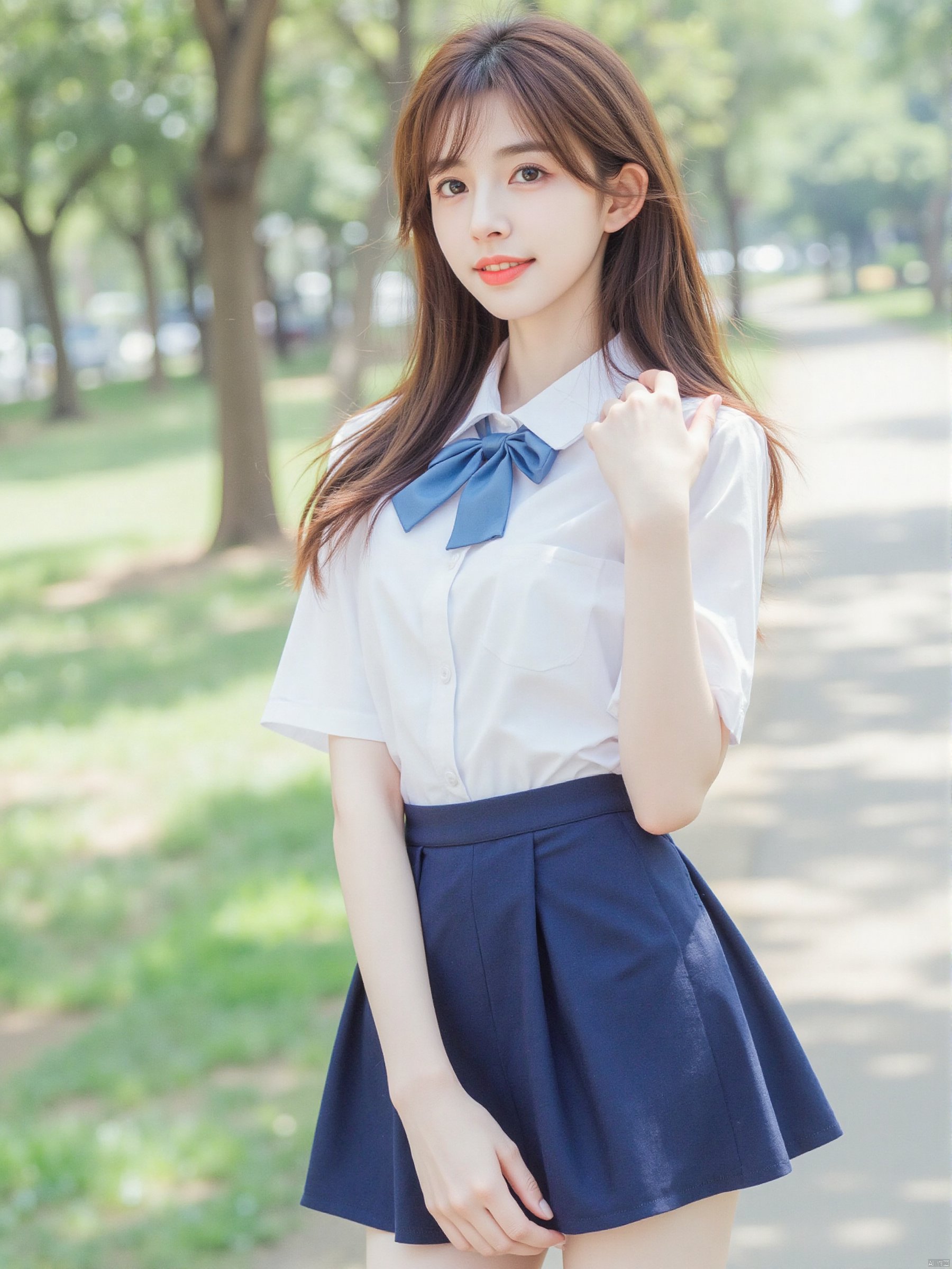 a young Asian woman  is dressed in a short-sleeved white button-down shirt, a blue bow tie, and a navy blue skirt. Her hair is long and cascades over her shoulders. Her lips are painted a vibrant red, adding a pop of color to her face. 