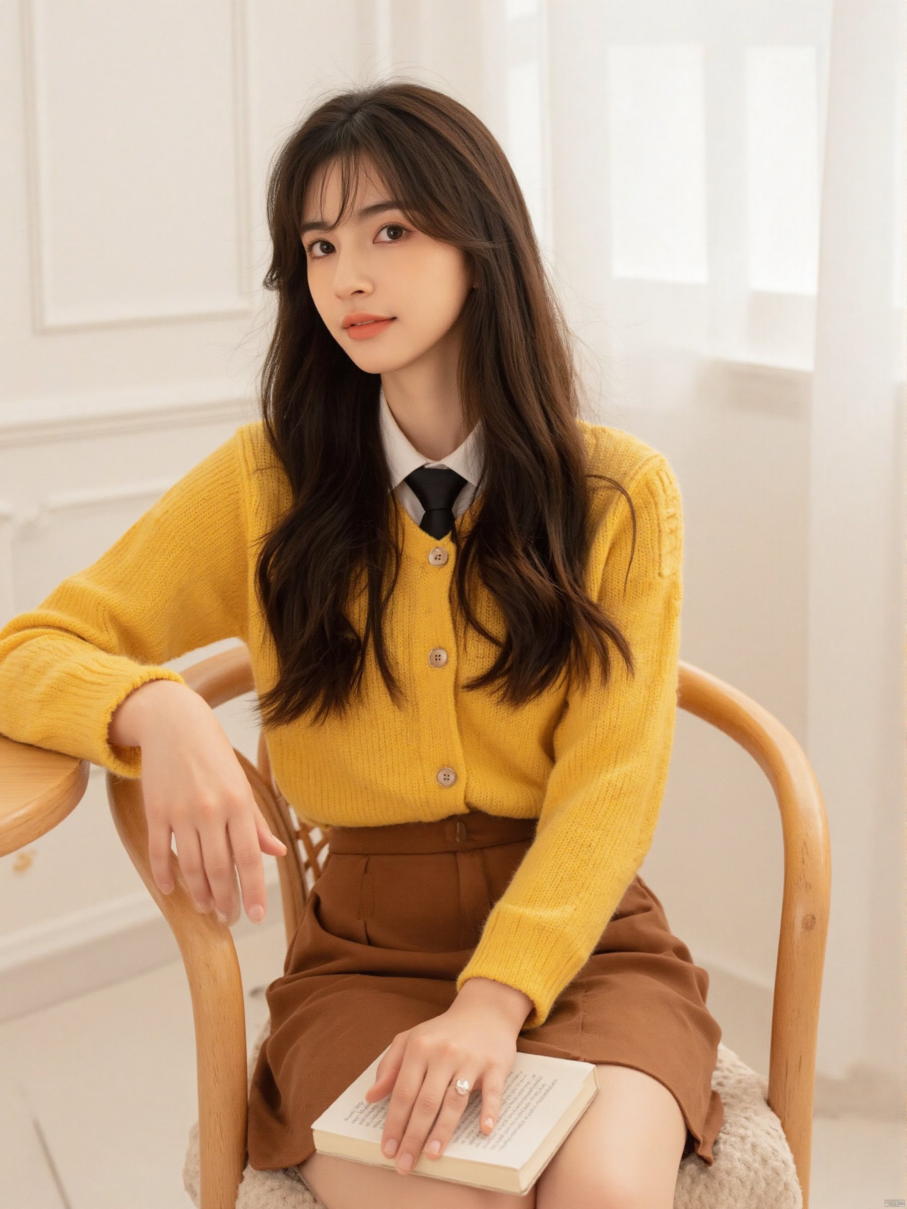 a woman with long dark hair, wearing a yellow sweater and a brown skirt, is seated on a wooden chair. She is holding a book in her right hand, while her left hand rests on the book. The woman's left arm is resting on the arm of the chair, and her right arm is positioned on the left side of the frame. She has a black tie around her neck, adding a pop of color to her outfit. The backdrop is a stark white wall, creating a stark contrast to the woman's outfit.